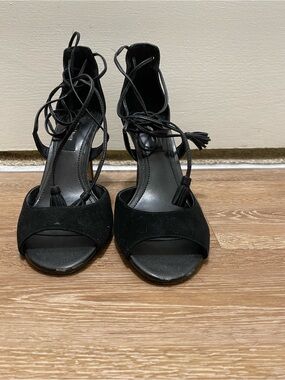 White House Black Market Black Lace-Up Tassel Heels